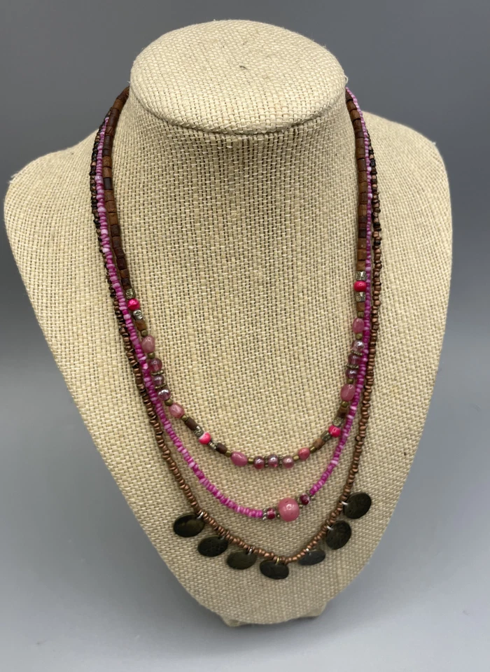 Ожерелье AEO бусины из семян и медные монеты 3 нити 18 дюймов розовое стекло - Изображение 3 из 4