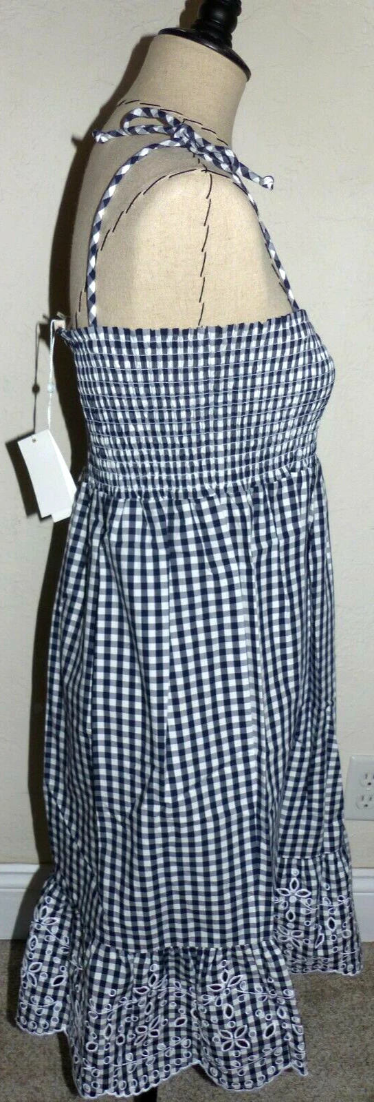 Abito da spiaggia TORY BURCH Gingham con occhielli Tory blu navy bianco taglia SMALL nuovo con etichette $258