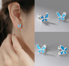 Sterling Silver Blue Enamel CZ Butterfly Screw Back Stud Earrings Gift Box I11