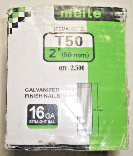 MEITE 16GA GALVANIZED FINISH NAILS STRAIGHT T50 2" QTY:1250 HALF BOX - Afbeelding 1 van 4