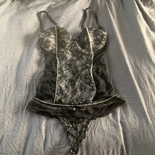 Secret Love Black Lace Mesh Corset Bustier Set Adjustable Straps Size 12B/10