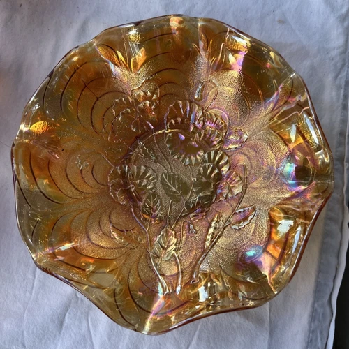 Vintage IMPERIAL Carnival Glass PANSY 9" Ruffled Bowl in Marigold