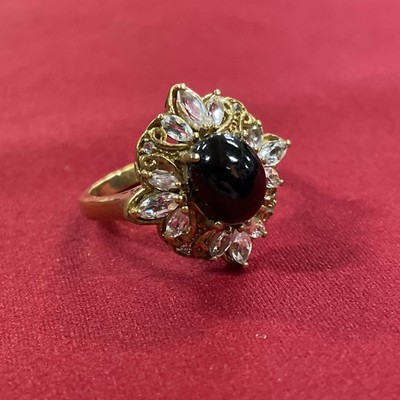Karis GdB Yellow Gold Bonded Round Black Onyx & Clear Stone Halo Ring Size 8