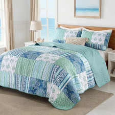 Green Quilt Set King Size Boho Plaid Patchwork Bedspreads Coverlet Set Aqua, Sof