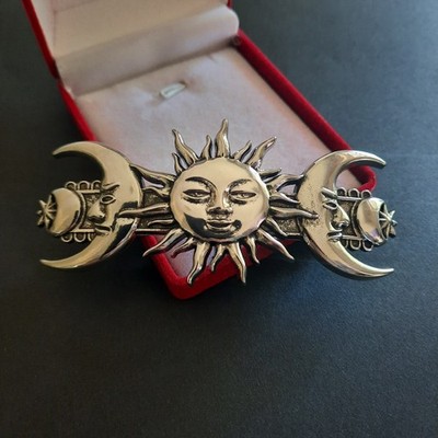 Celestial Sun and Moon Hair Barrette   Silver Triple Moon Goddess Hair Clip