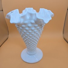 VTG Fenton Hobnail White Milk Glass Footed Trumpet Vase 7.75 In Ruffle Crimped