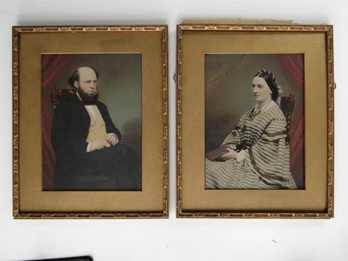 Victorian Hand Painted Glass Photograph Portrait Full Plate Pair 1870s Framed