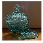 Wilkerson Aquamarine Glass Shoe Hobnail Pattern Lid  Decorative Art Glass Glow!