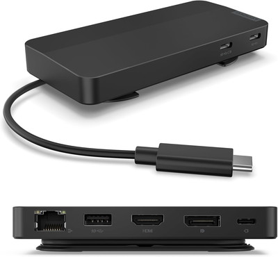 USB-C Dual Display Travel Dock - 7 Ports, Integrated USB-C Cable, Universal Comp