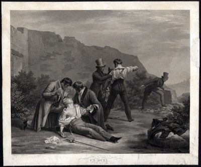 Antique Master Print-DUEL-SWORD FIGHT-AQUATINT-Jazet-Vigneron-1822