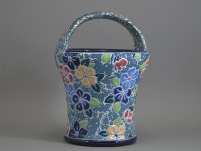 Amphora Basket with Enamel Flowers Czechoslovakia AM-46 backstamp c. 1930