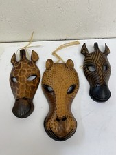 3 WOODEN HAND CARVED AFRICAN ANIMAL MASKS - GIRAFFE-CHEETAH-ZEBRA