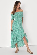 Lulu’s Fleur-tation Green Floral Print Off-the-Shoulder Midi Dress NWT Small