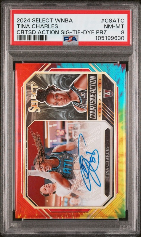 TINA CHARLES #/25 2024 SELECT WNBA COURTSIDE ACTION TIE-DYE PRIZM AUTO PSA 8