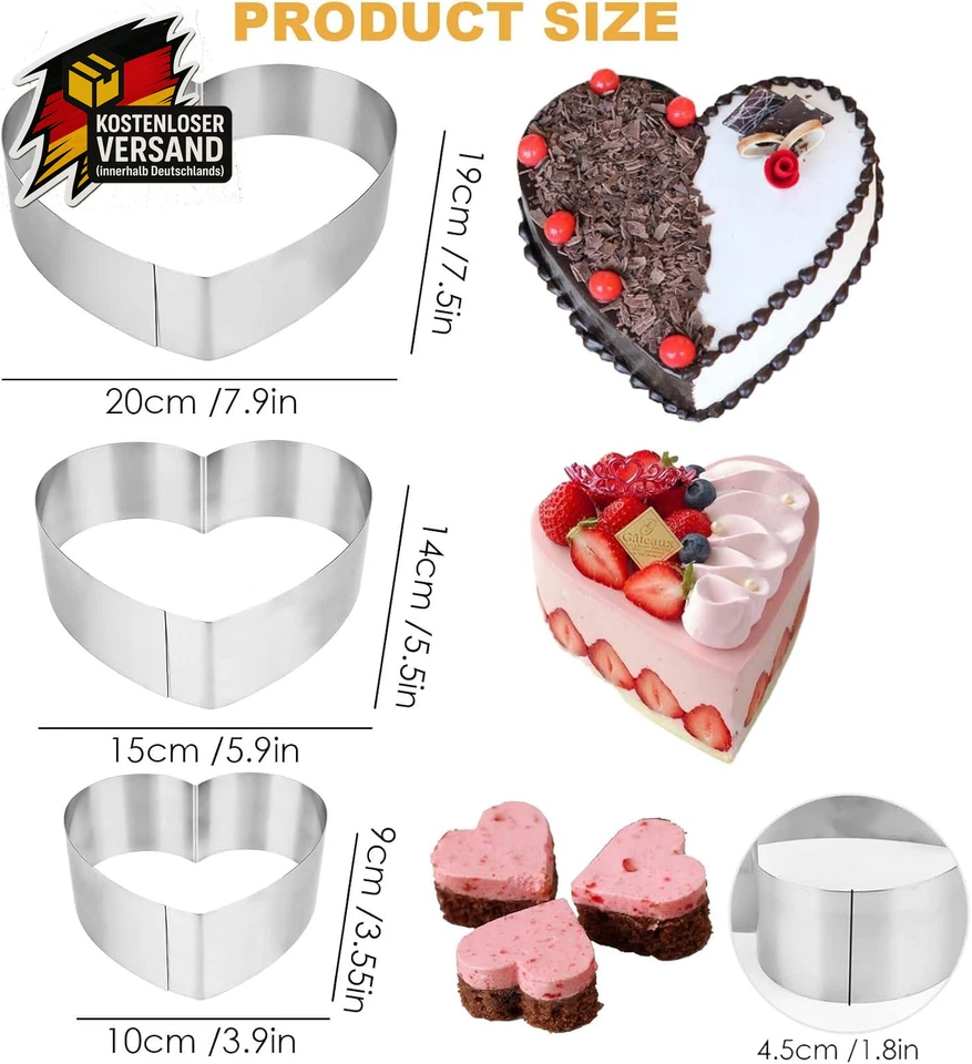 3 Stück Herzbackform,10/15 /20 Cm Backform Herz Set,Tortenring Kuchenform Edelst - Bild 2 von 4