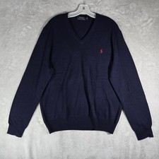 Polo Ralph Lauren Merino Wool V Neck Sweater Mens Large Navy Blue Knit Pullover