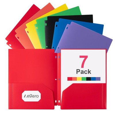 Plastic 3 Hole Punch Folders with Pockets (7 Pack, Assorted Colors), Fits 3-R...