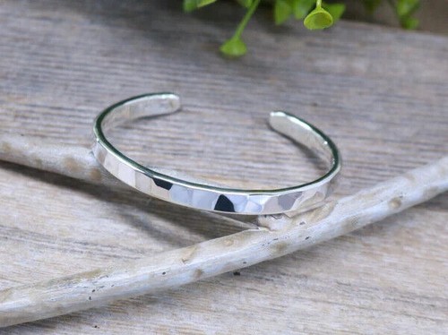 Solid Sterling Silver Cuff Bracelet Hammered Adjustable Bangle 925 Simple Silver - Picture 5 of 5