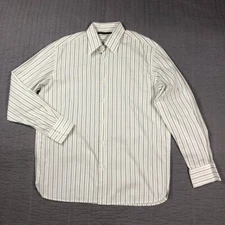 Perry Ellis Shirt Men Medium White Blue Striped Button Up Cotton Office Career