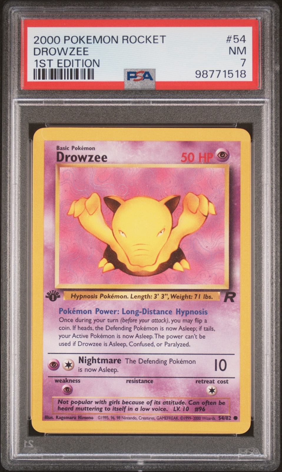 2000 POKEMON ROCKET 1ST EDITION #54 DROWZEE PSA 7