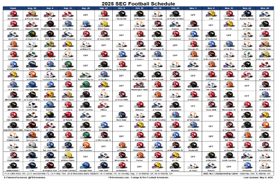 2025 SEC Football Helmet Schedule Poster 11 x 17 inches All Teams schedule