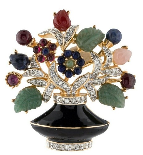 Judith Leiber Brooch Pin Flower Vase Crystals Enamel Gems Art Deco Vintage