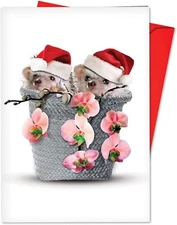 NobleWorks Funny Christmas Card 5"x7" w/ Envelope - Cute Hedgehogs w/ Santa Hats