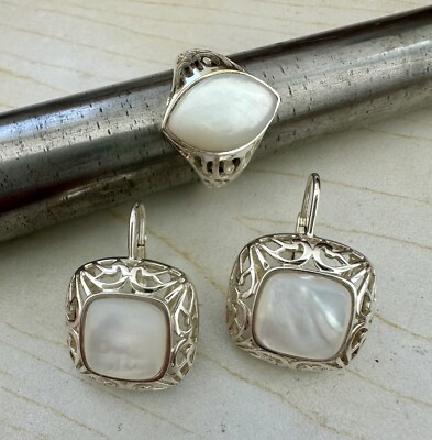 Sterling Silver 925 Mother Of Pearl Filigree Set Of Earrings And Ring ...