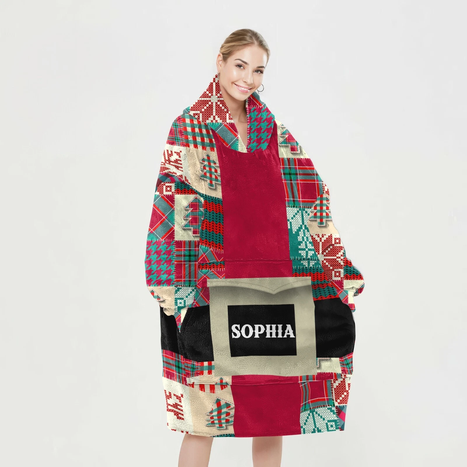 Personalized Santa Coat Christmas Pattern Patchwork Blanket Hoodie