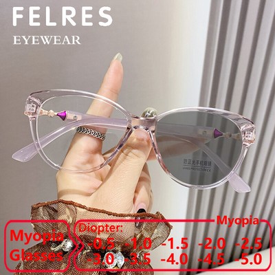 Women Cat Eye Photochromic Myopia Nearsighted Glasses Full Frame Sunglasses New