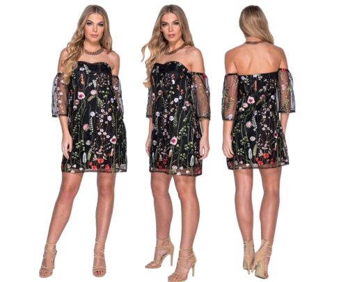 Kleid Frau Blumen Sommer Tunika Elegant Stickerei Bardot Boot 8112 - Bild 5 von 8