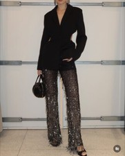 ZARA WOMAN NWT SEMI-SHEER FRINGED SEQUIN LEGGINGS BLACK / SILVER  9860/223