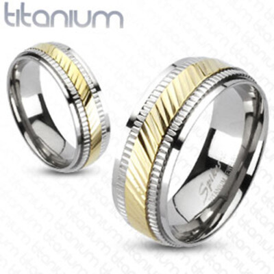 Diagonal Cut Gold IP Center Milled Edges 2-Tone Women's 6mm Band Ring Titanium