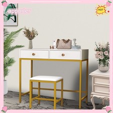 35.4'' Desk with 2 Drawers and Padded Stool Small Computer Makeup Vanity Small