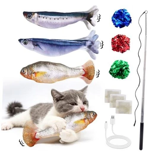 3PCS Interactive Cat Toy Floppy Fish Cat Toy with Crinkle Paper & Fishing