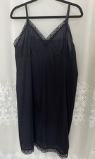 VTG 90s Vanity Fair Lace Trim Full Slip Mid Dress XXL 42 Nylon Knee Length Black