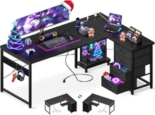 L Shaped Gaming Desk with 4 Drawers, 61" Reversible Home Office Desks with Power
