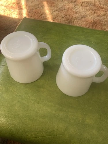 2- Vintage Anchor Hocking Fire King White Milk Glass D Handle Coffee Cup Mugs