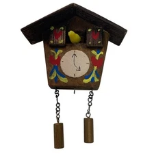 Vintage Handmade Hand Painted Miniature Wood Swiss Cuckoo Clock w Plastic Bird