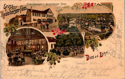 LITHO GRUSS AUS DIEZ RHEIN LAHN KR. GASTHAUS ZUM HEIDELBERGER FASS 4 BILD 1902