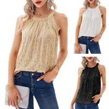 Women Sparkly Sequins Camisole Party Club Sleeveless Halter Pleated Tank Top