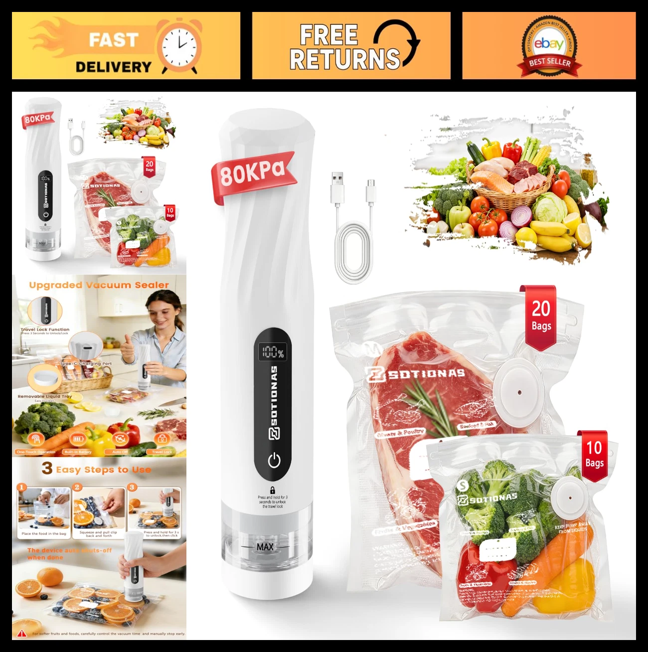 Compact Handheld Food Vacuum Sealer with 30 Reusable Bags