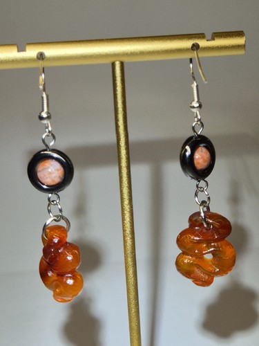 Natural Hand Carved Snake Agate And Hematite Earrings Stainless Steel - Picture 14 of 20