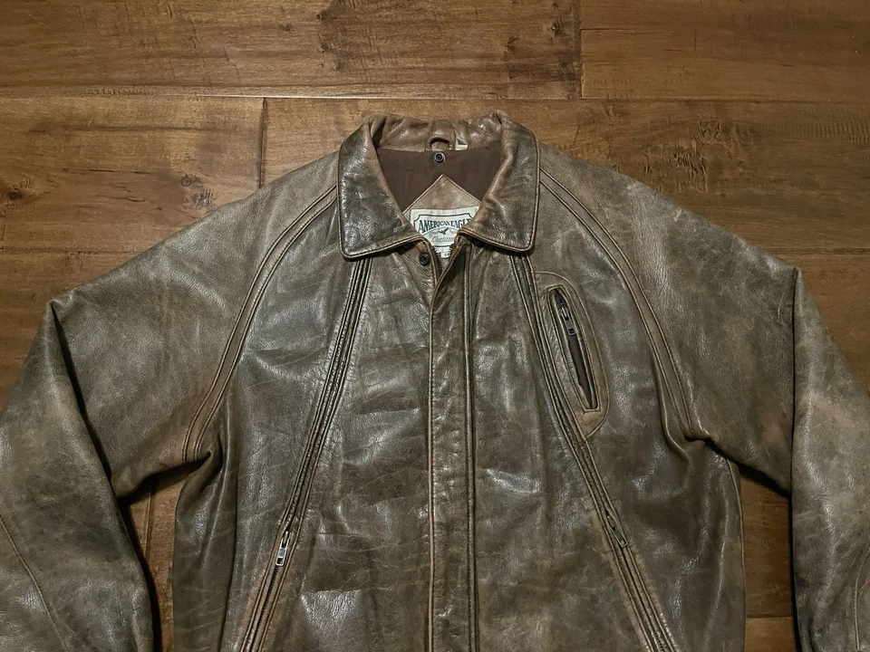 Vintage American Eagle Brown Leather Distressed Bomber Jacket - Men's 44 - Image 2 of 4