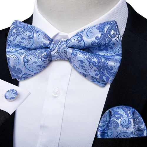 Blue Paisley Mens Bowtie Pretied Bow Ties Hankie Cufflinks Set Wedding Event