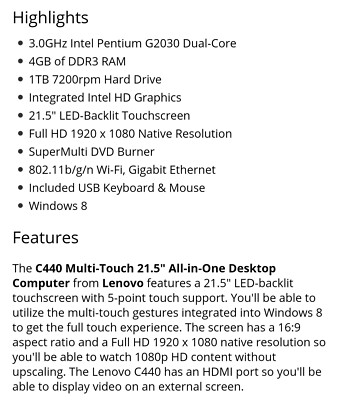 Lenovo C440 57315616 Multi-Touch 21.5