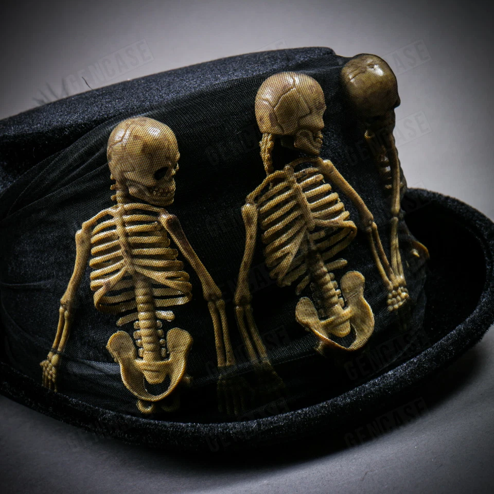 Sombrero de copa negro de lujo con 3 esqueletos y cordones Sombrero de disfraz de vudú de Halloween para mujer Foto 4 de 4