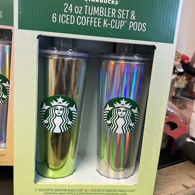 Starbucks Pink 2-pk 24 Oz Tumbler Set with 6 Iced Coffee K-Cup Pods for Keurig