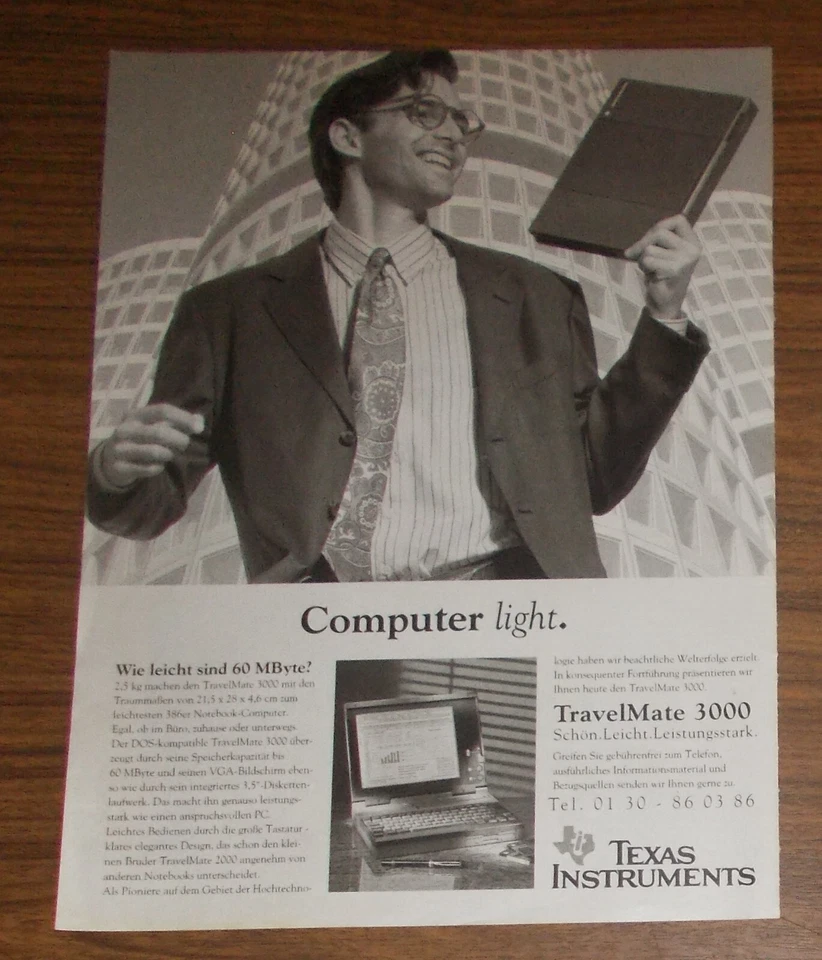 Seltene Werbung TEXAS INSTRUMENTS TRAVELMATE 3000 Notebook Portable PC #2 1991 - Bild 1 von 1