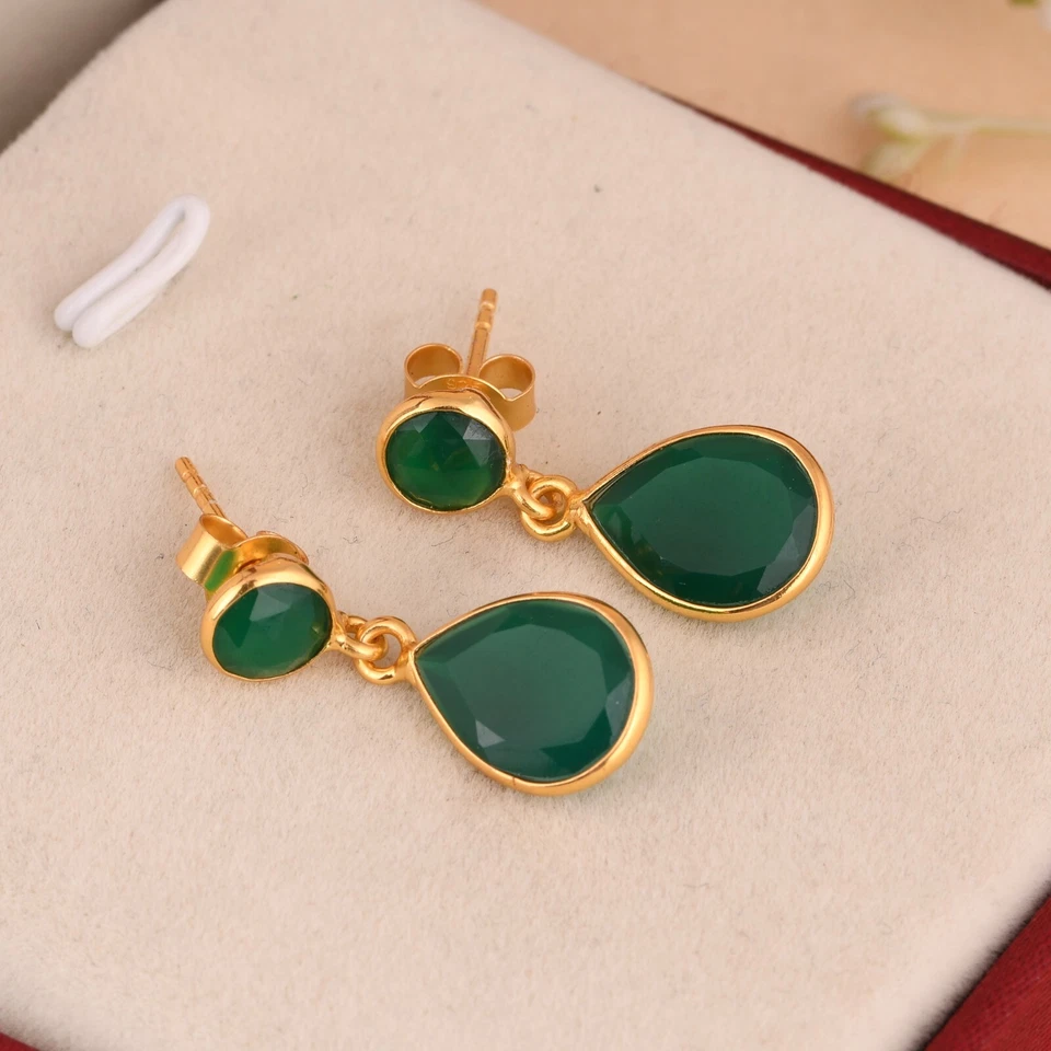 18K желтое золото покрытием зеленый оникс подвеской серьги женщин красивый подарок серьги - Изображение 4 из 4